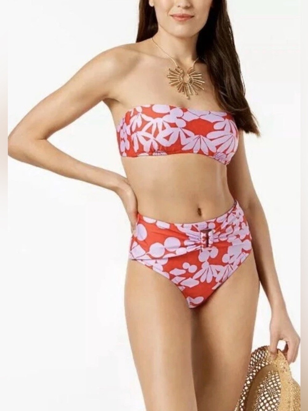 TRINA TURK Bikini Top Bali Blossom‎ Red US 10 Bandeau Tie with Lucite Ends NWT's